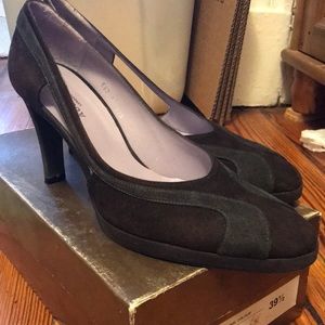 Brown suede high heels.